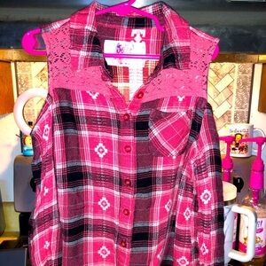 Justice Pink and Black Button Down Shirt cold shoulders